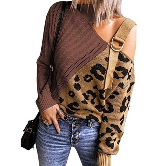 Asvivid Sweaters - Leopard Print Color Block Long Sleeve Cold Shoulder Turtleneck Knit Sweater XXL